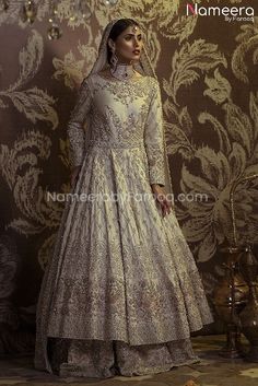 Buy Pakistani Bridal Dresses-Embroidered White Bridal Dress for Bride Online-Pakistani Bridal Wear With Dabka, Nagh, Zari, Embroidery, Patch Work In USA, UK, Canada, Australia Visit Now : www.NameerabyFarooq.com or Call / Whatsapp : +1 732-910-5427 White And Gold Anarkali, Gold Anarkali, Anarkali Bridal, White Bridal Dress, Dress For Bride, White Lehenga, Raw Silk Lehenga, White Bridal Dresses, Pakistani Style