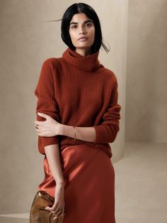 Chiara Cashmere Turtleneck Sweater | Banana Republic Turtleneck And Cardigan Outfit, Rust Sweater Outfit, Camel Sweater Outfit, Banana Republic Outfits, Turtle Sweaters, Rust Sweater, Burnt Orange Sweater, Magical Power, Ladies Turtleneck Sweaters