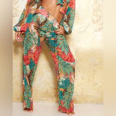 Big Leaf Wide Leg Beach Pants, Pretty Little Thing Brand New Multicolor Summer Beach Cover-up Bottoms, Summer Tropical Print Jumpsuits And Rompers For Day Out, Summer Tropical Print Jumpsuits For Day Out, Summer Beach Cover-up Bottoms For Vacation, Tropical Wide Leg Vacation Bottoms, Spring Tropical Print Jumpsuits And Rompers For Day Out, Spring Tropical Print Jumpsuit For Day Out, Spring Day Out Tropical Print Jumpsuit, Chic Tropical Print Jumpsuits And Rompers For Vacation