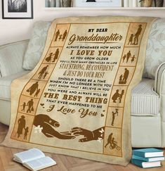 a blanket that says, my dear granddaughter i love you and shows the silhouettes of people