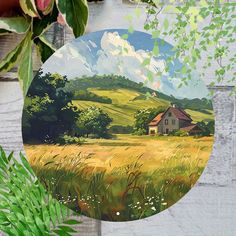 a painting of a house in the middle of a field with trees and flowers around it