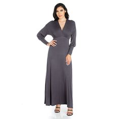 Designed with a flared skirt and empire waist, this figure-flattering juniors' maxi dress from 24seven Comfort Apparel delivers an elegant look you can't resist. Designed with a flared skirt and empire waist, this figure-flattering women's maxi dress from 24seven Comfort Apparel delivers an elegant look you can't resist. V-neck Long sleeves No pockets Empire waist Unlined Jersey construction PulloverFIT & SIZING Maxi silhouette 54.5-in. approximate lengthFABRIC & CARE Rayon, spandex Machine wash Grey Maxi Dress, Full Length Dress, Maxi Dress Online, Women Formals, Review Dresses, Sleeve Maxi Dress, Women Maxi, Long Sleeve Maxi, Elbow Length Sleeve