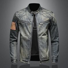 Spring Denim Jacket, Jaket Motor, Bike Clothing, Denim Jacket Fashion, Mens Jackets Casual, Jean Vintage, Vintage Denim Jacket, Denim Jacket Men, Zipper Jacket