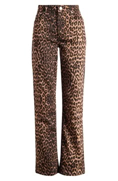 A fierce leopard print enhances the cool vibes of these high-waisted jeans cut from low-stretch denim in a straight-leg silhouette. Zip fly with button closure Five-pocket style 72% cotton, 25% polyester, 3% elastane Machine wash, line dry Made in Turkey Cheetah Print Jeans, Cheetah Print Pants, Cheetah Pants, Leopard Jeans, Leopard Print Jeans, Cool Vibes, Leopard Pants, Fall Mood, Brown Jeans