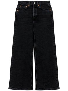 black cotton blend denim concealed fly and button fastening high-rise belt loops classic five pockets cropped wide leg Jean Wide Leg, Denim Outerwear, Perfect Jeans, Outerwear Sweater, Bottom Clothes, High Rise Jeans, Denim Pant, Sweater Skirt, Cropped Jeans