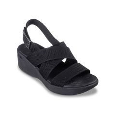 Skechers-Pier Lite Night Owl Wedge Sandal Complement summer with a strappy style. The Pier Lite Night Owl sandal from Skechers is crafted with comfortable features and a crisscrossing upper. Complete with lightweight materials, a cushioned Luxe Foam® footbed, and a flexible traction sole. Summer Wedge Sandals With Arch Support For Vacation, Adjustable Strappy Synthetic Wedge Sandals, Slingback Wedge Sandals With Arch Support For Vacation, Beach Slingback Synthetic Wedge Sandals, Synthetic Slingback Wedge Sandals For Vacation, Black Wedge Sandals With Arch Support For Beach, Black Beach Wedge Sandals With Arch Support, Slingback Wedge Sandals With Arch Support For Beach, Adjustable Slingback Wedge Sandals For Vacation