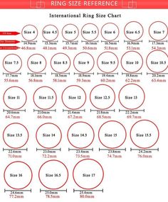 the size chart for ring sizes and measurementss on a white background with red circles