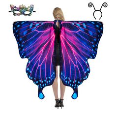 a woman wearing a blue and purple butterfly wings with pink lights on it's wings