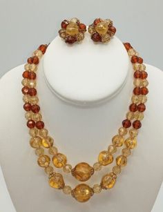 Vintage Orange Jewelry With Matching Earrings, Diy Bracelet Designs, Art Deco Necklace, Amber Necklace, Rhinestone Brooches, Cluster Earrings, Diy Bracelet, Multi Strand Necklace, Plastic Beads