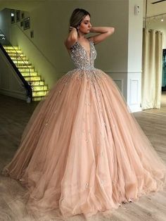 Gown V-neck Sleeveless Sweep/Brush Train With Beading Tulle Dresses - Prom Dresses Champagne Quinceanera Dresses, Champagne Ball Gown, Champagne Prom Dress, Pink Ball Gown, Tulle Balls, V Neck Prom Dresses, Beaded Tulle, Tulle Ball Gown, فستان سهرة