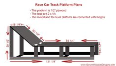 the race car track platform plans are shown with measurements for each seat and one side