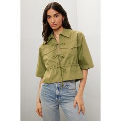 Green cotton (100% Cotton). Top. Short sleeves. Collar. Tie closure. 21.5" from shoulder to hemline. Imported. Sea New York, Safari Style, Rent The Runway, Peplum Hem, Closet Designs, Front Tie Top, Cotton Top, Green Cotton, Wide Leg Jeans