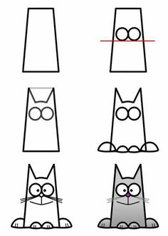 the instructions for how to draw a cat with different shapes and sizes, including eyes