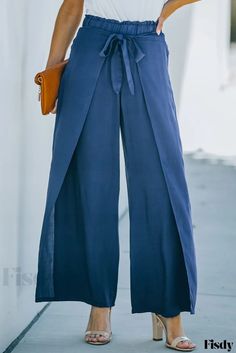 Fisdy - Pantalón de pernera ancha con detalle de lazo ajustable - Elegante y cómodo Wrap Pants, Stylish Pants, Summer Wear, Waist Tie, High Waisted Pants, Bottoms Pants, New Outfits, Leg Pants, Wide Leg Pants