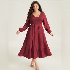 Bloomchic Size 12 Red, Long-Sleeved Dress - 95% Polyester, 5% Spandex, Stretchy Waist, V-Necked, With Pockets! Red V-neck Maxi Dress, Red V-neck Maxi Dress Solid Color, Red Long Sleeve V-neck Dress For Fall, Red V-neck Midi Dress, Burgundy V-neck Dresses For Brunch, Red Long Sleeved Dress, Wednesday Dress, Ls Dress, Red Long Sleeve Dress