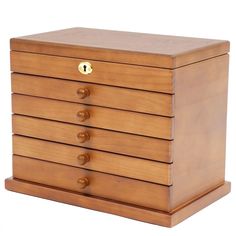 a wooden chest with five drawers and brass knobs on the front, side view