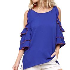 Gorgeous Blue Cold-Shoulder Top With Orange Detailing. Ruffle Detail. Blue Cold Shoulder Tops For Spring, Blue Off-shoulder Blouse For Day Out, Summer Blue Off-shoulder Blouse, Summer Blue Cold Shoulder Top, Blue Cold Shoulder Summer Top, Blue Cold Shoulder Top For Summer, Blue Off-shoulder Top For Brunch, Blue Off-shoulder Blouse For Brunch, Casual Royal Blue Summer Tops