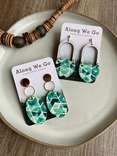 🌿beautiful emerald watercolor pattern  🌿post earrings  🌿dainty gold ring 🌿wooden white arch Trendy Geometric Green Jewelry, Trendy Green Geometric Jewelry, Geometric Green Jewelry Gift, Green Geometric Jewelry Gift, Green Geometric Jewelry For Gift, Green Geometric Jewelry For Gifts, Hand Painted Green Modern Jewelry, Modern Hand Painted Green Jewelry, Everyday Hand Painted Green Earrings