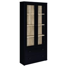 a tall black cabinet with two glass doors