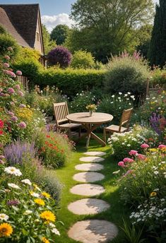 a garden with stepping stones leading to a table and chairs in the middle of it