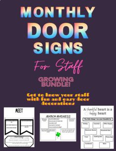 a poster with text that reads, month - by - month door signs for staff