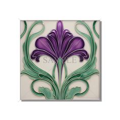 a purple flower with green leaves and swirls on the side of a white tile wall