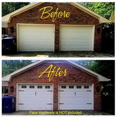 two garage doors with the words before and after written on them