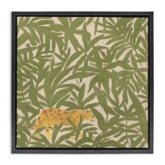 a painting with a leopard in the middle of palm leaves on a white background and black frame