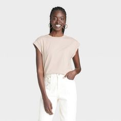 Women's Short Sleeve Extended Shoulder T-Shirt - A New Day™ Neutral Shirt, Basic White Tee, Cropped Wide Leg Pants, Fashion Friday, Simple Tees, Comfortable Tops, Hem Style, Workout Tank Tops, Womens Clothing Sizes