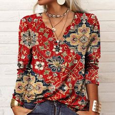 Product Name: Ethnic Style Floral Print Blouse Item NO.: 8090936180992 Weight: 0.25 kg = 0.5512 lb = 8.8185 oz Category: Clothing> Women> T-Shirts Tag: Plus Size, Sale, Best, Best Sellings, Topseller Creation Time: 2023-03-13 Material: Cotton And PolyesterSleeve Length (cm): FullNeckline: V-NeckPattern Type: Floral PrintSeason: Spring, Autumn, Winter Size Length Bust Sleeve cm inch cm inch cm inch S 67 26.38 98 38.58 58 22.83 M 68 26.77 102 40.16 59 23.23 L 69 27.17 106 41.73 60 23.62 XL 70 27.5