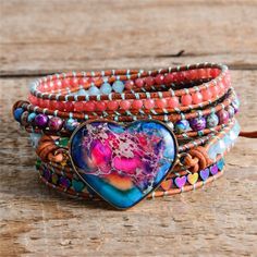 Bracelets Heart, Leather Wrap Bracelets, Apatite Stone, Bohemian Colors, Wrap Bracelets, Bracelet Boho, Hand Chain, Chan Luu, Stone Heart