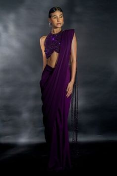 Blue pre-draped saree in a solid base with holographic bead embellished tassels on pallu. Comes with beaded blouse. - Aza Fashions Evening Draped Blouse Piece With Mirror Work, Festival Purple Pre-draped Saree With Unstitched Blouse, Festive Purple Pre-draped Saree, Purple Semi-stitched Pre-draped Saree With Pallu, Purple Embellished Pre-draped Saree, Purple Bollywood Pre-draped Saree With Sequins, Nikhil Thampi, Draped Saree, Beaded Blouse