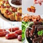 sausages and hot dogs are being served on skewers