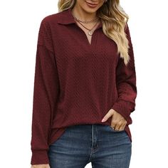 SHIBEVER Long Sleeve Tops for Women Fall Blouses V Neck Tshirts Casual Tunics Henley Shirts. This women tops use skin-friendly and comfortable fabric allow you wear it all season. V neck casual tops henley shirt is perfect for casual and formal days, women long sleeve tops uses lapel collar and a perfect streamlined cut. When you put on long sleeve shirts for women, you will be more look thinner and eye-catching. Color Map Our women trendy plain color long sleeve t-shirts come in three beautiful Oversized Red Solid Color Tops, Red Collared Top For Fall, Oversized Solid Red Tops, Casual Burgundy Collared Top, Oversized Red Top, Casual Long Sleeve Burgundy Blouse, Casual Burgundy Long Sleeve Tops, Casual Burgundy Blouse For Fall, Oversized Burgundy Long Sleeve Top