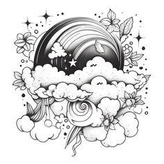 a black and white drawing of clouds, stars and a rainbow