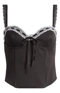 Lacy trim at the neckline and straps adds to the glam of this satin corset top that's sure to add a touch of romance to any ensemble it's paired with. 11" center front length (size Medium) Sweetheart neck Adjustable straps Lined 100% polyester Dry clean Imported Camisole Corset With Lace Trim For Parties, Black Corset With Adjustable Straps And Sweetheart Neckline, Party Camisole Corset With Lace Trim, Elegant Underbust Camisole With Boned Bodice, Black Satin Corset With Built-in Bra, Black Corset With Lace Trim And Sweetheart Neckline, Elegant Satin Corset With Adjustable Straps, Black Corset With Straps And Sweetheart Neckline, Black Corset With Sweetheart Neckline And Straps