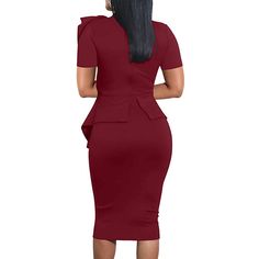 Burgundy Bow Knot Ruffle Hem Bodycon Pencil Dress Fitted Knee-length Ruffled Bodycon Dress, Fitted Knee-length Bodycon Dress With Ruffles, Knee-length Ruffled Bodycon Dress For Work, Chic Ruffled Bodycon Dress For Office, Chic Ruffled Bodycon Dress For Work, Ruffled Sheath Bodycon Dress For Work, Sheath Bodycon Dress With Ruffles For Work, Ruffled Fitted Bodycon Dress With Short Sleeves, Elegant Short Sleeve Bodycon Dress With Ruffles