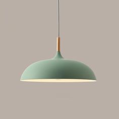 a green pendant light hanging from a gray wall with a wooden stick sticking out of it