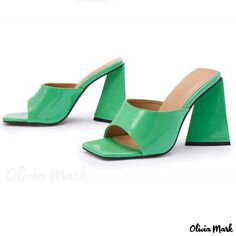 Olivia Mark - Triangle-Toe Textured Leather Fish Mouth Slip-On Sandals Block Heel Mules, Cocktail Formal, Green Square, Heel Mules, Estilo Chic, Pu Heels, Block Heel Shoes, Open Toe Sandals, Rubber Heels