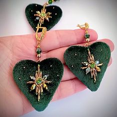 Handmade beaded emerald heart shaped velvet jewelry set: earrings and necklace. You may choose 2 variations: velvet choker or beautiful sparkling beads on the neck. Or both for any events! Velvet heart pendant and earrings embroidered with shiny crystal and rhinestone beads! Each element sewd by hands.Velvet choker with stainless steel chain. This is unique high quality hand work. It will be a wonderful gift! Perfect Valentines day gift! It will compare for different clothes and moments. !!!!Loo Heart Jewelry Set, Unique Valentines Day Gifts, Embroidered Necklace, Velvet Heart, Heart Shaped Jewelry, Velvet Jewelry, Set Earrings, Unique Valentines, Earrings And Necklace