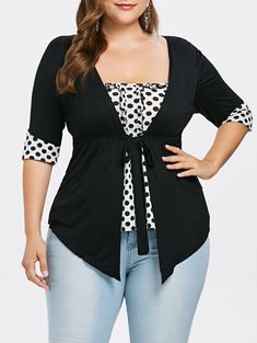 Plus Size Color Blocking Faux Twinset T-shirt - Black - 3982228416 - Original Design-Women's Clothing, T-Shirts  #TShirts #Original #DesignWomen's #Clothing # #TShirts Blouses Vintage, Look Plus Size, Casual Shirt Women, Plus Size Kleidung, Look Plus, Blouse Vintage, Ladies Tops Fashion, Plus Size T Shirts, Dot Print