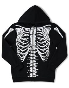 Cozy up to the dark side with this skeleton hoodie! This fun black hoodie featuring a skeleton's bones is the perfect way to stay warm and get noticed whenever you wear it. Crewneck Long sleeves Material: Cotton, polyester fleece Care: Machine wash; tumble dry low Imported This shirt is Unisex Sizing only For a fitted look, order one size smaller than your normal size Skeleton Shirt Outfit, Skeleton Jacket, Moodboard Pictures, Skeleton Clothes, Clothing Aesthetics, Halloween Costum, Simple Skull, Boy Hoodie, Skeleton Hoodie