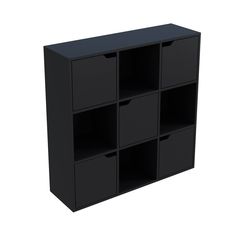 a black shelf unit with six bins on each side and four open compartments in the middle