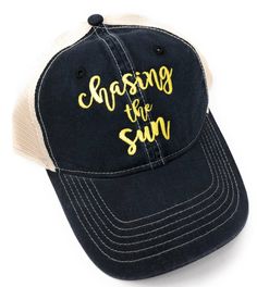 "This embroidered \"Chasing The Sun\" hat is a cute and comfy accessory to sport this season! Available in trucker or pigment dyed baseball hats! We can also add a monogram, name, or short phrase to the back of your hats for an additional fee. Please click the link below for more information... https://www.etsy.com/listing/547245494/add-personalization-to-the-back-or-side If you choose this option, please leave your monogram, name, or phrase, font selection, and thread color choice in the note t Adjustable Trucker Hat With Embroidered Logo And Visor, Embroidered Adjustable Trucker Hat For Outdoor, Adjustable Embroidered Trucker Baseball Cap, Adjustable Trucker Baseball Cap With Embroidery, Fun Hats With Embroidered Logo, Fun Hats With Embroidered Logo One Size, Fun Embroidered Logo Hat One Size, Embroidered Outdoor Baseball Cap, Outdoor Embroidered Trucker Baseball Cap