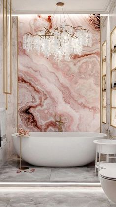 an elegant bathroom with marble walls and flooring, chandelier above the bathtub