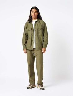 Stan Ray Sateen CPO Shirt - Olive Green Khaki Relaxed Fit Utility Shirt, Green Button-up Top With Patch Pockets, Green Relaxed Fit Top With Patch Pockets, Green Long Sleeve Tops With Patch Pockets, Khaki Shirt With Welt Pockets For Fall, Khaki Cotton Tops With Welt Pockets, Green Collared Tops With Welt Pockets, Green Top With Patch Pockets For Fall, Green Shirt With Patch Pockets And Relaxed Fit