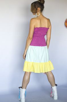 Strapless Midi Dress for Summer, Cotton Dress, 1980s Strapless Dresses, Mint Yellow Purple Pastel Colors Boho Festival Outfit by myAqua Summer Cotton Dress, Strapless Dresses, Purple Pastel, Strapless Bodycon Dress