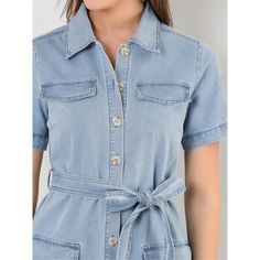 The dress features a point collar, a button-down design, and a belt for a casual chic look. Pair it with ankle boots or chunky sneakers for a casual look. This denim shirt dress is a good choice for fall or spring. A belt gathering around the waist brings a feminine touch. Add another cooler-season dress to your assortment with this style. It has short sleeves, a flattering tie waist, and plenty of practical pockets. Fastened with a full placket at the front, this piece can be paired well with p Spring Collared Belted Denim Dress, Casual Short Sleeve Belted Denim Dress, Casual Belted Short Sleeve Denim Dress, Casual Belted Denim Dress With Short Sleeves, Casual Short Sleeve Denim Dress With Belt, Trendy Button-up Denim Dress For Workwear, Trendy Belted Denim Dress For Spring, Trendy Buttoned Denim Dress For Work, Trendy Button Closure Denim Dress For Work