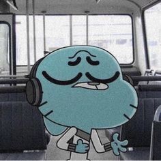 a cartoon character with headphones on in the back of a vehicle