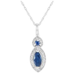 Bearing a September birthstone, this diamond and sapphire necklace makes a meaningful gift for those born in the ninth month of the year. The necklace has a double cable chain measuring 18 inches long. The 0.75 by 0.25 pendant features a deep blue marquise-cut sapphire surrounded by a marquise frame of round diamonds.This LB Exclusive 14K White Gold 0.07 ct Diamond and Sapphire Marquise Necklace is offered in brand new condition, inclusive of a gift box. Diamond And Sapphire Necklace, Marquise Necklace, September Birthstone, Sapphire Necklace, Marquise Cut, Months In A Year, Cable Chain, Meaningful Gifts, Deep Blue